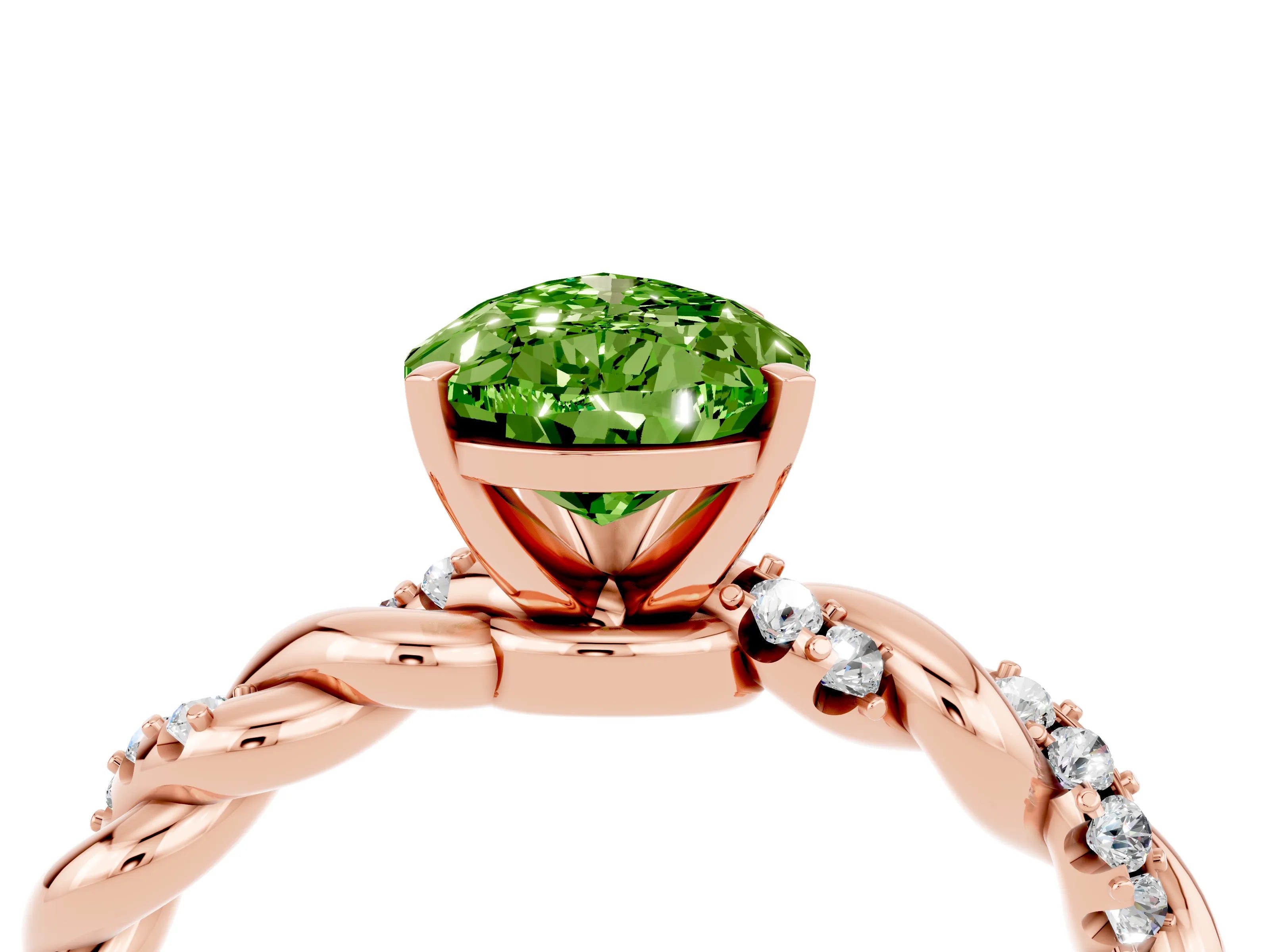 Rose gold Pear Cut Peridot Solitaire Ring with Twisted Band and Pavé Accents_4