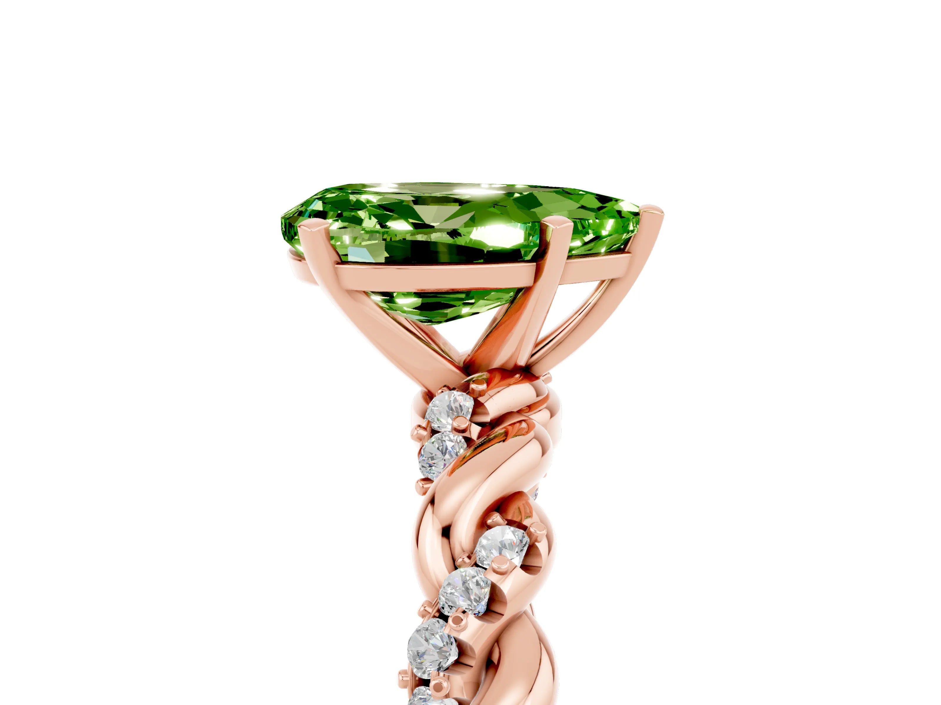 Rose gold Pear Cut Peridot Solitaire Ring with Twisted Band and Pavé Accents_5