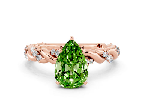 Rose gold Pear Cut Peridot Solitaire Ring with Twisted Band and Pavé Accents