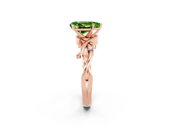 Rose gold Pear Cut Peridot Solitaire Ring with Twisted Band and Prong Setting