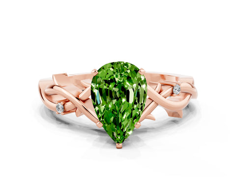 Rose gold Pear Cut Peridot Solitaire Ring with Twisted Band and Prong Setting
