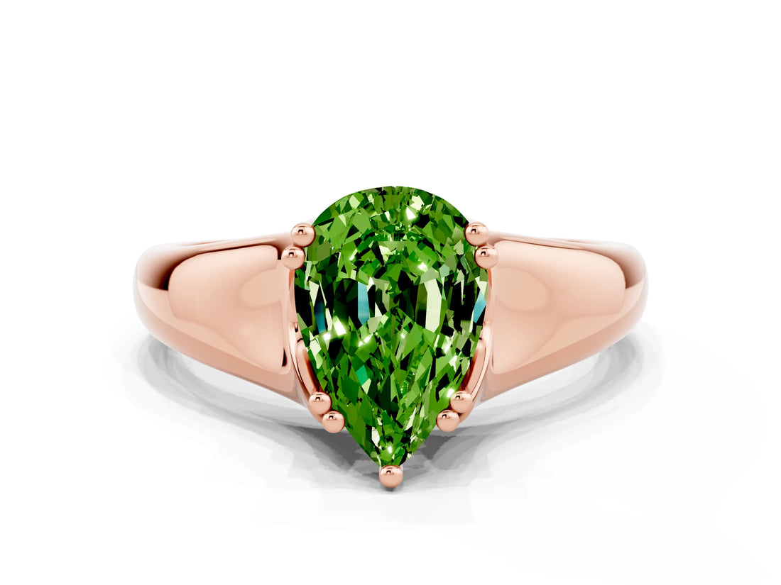 Rose gold Pear Cut Peridot Solitaire Ring with Wide Band and Prong Setting