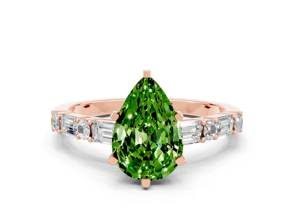 Rose gold Pear Cut Peridot Solitaire with Side Baguettes and Channel Set Band