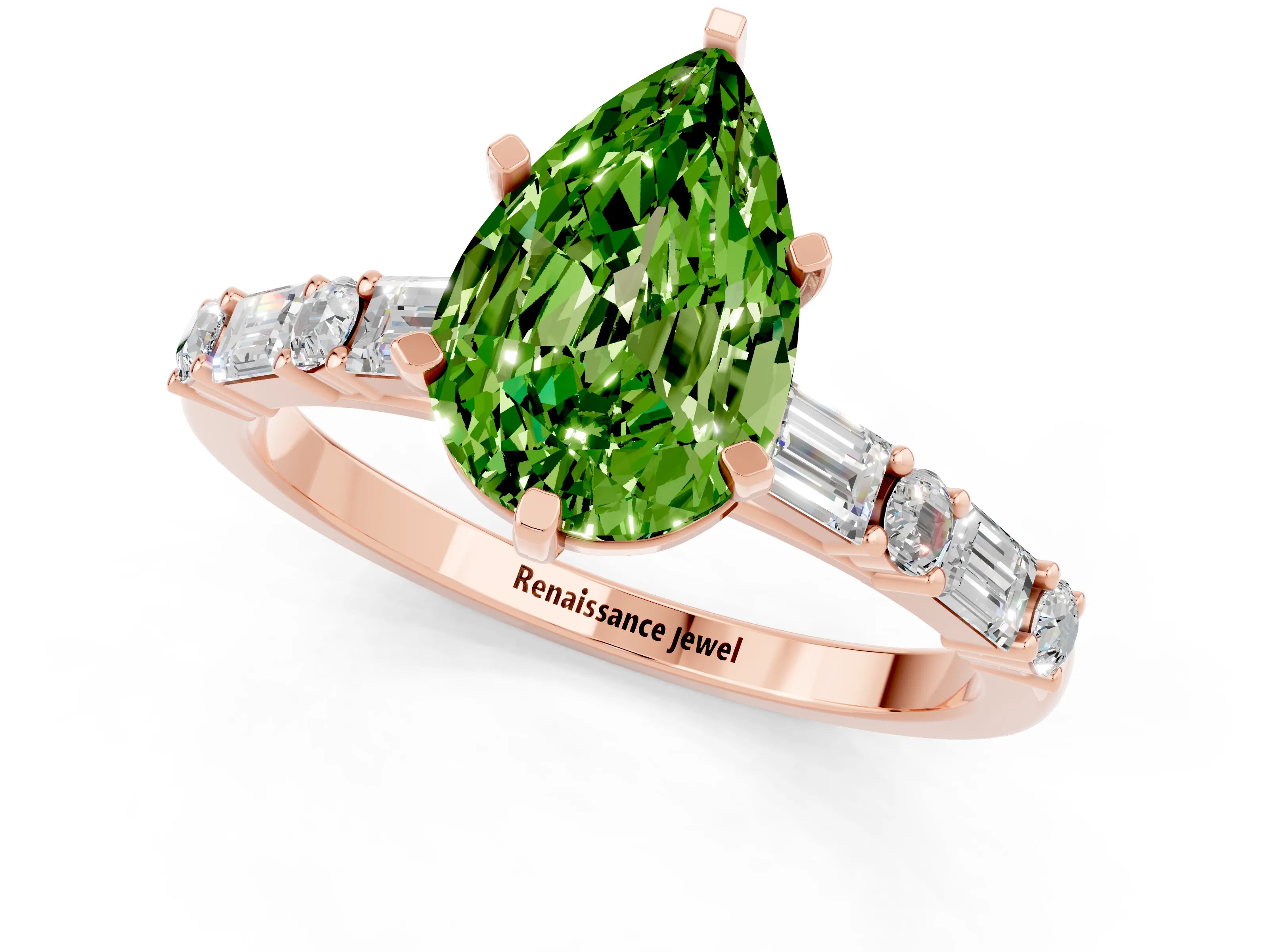 Rose gold Pear Cut Peridot Solitaire with Side Baguettes and Channel Set Band_1