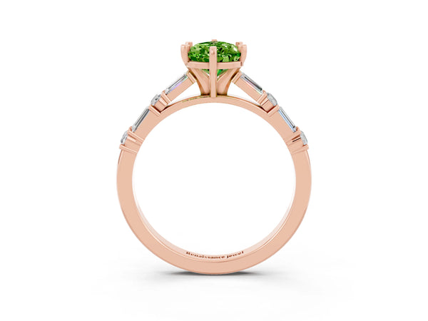 Rose gold Pear Cut Peridot Solitaire with Side Baguettes and Channel Set Band