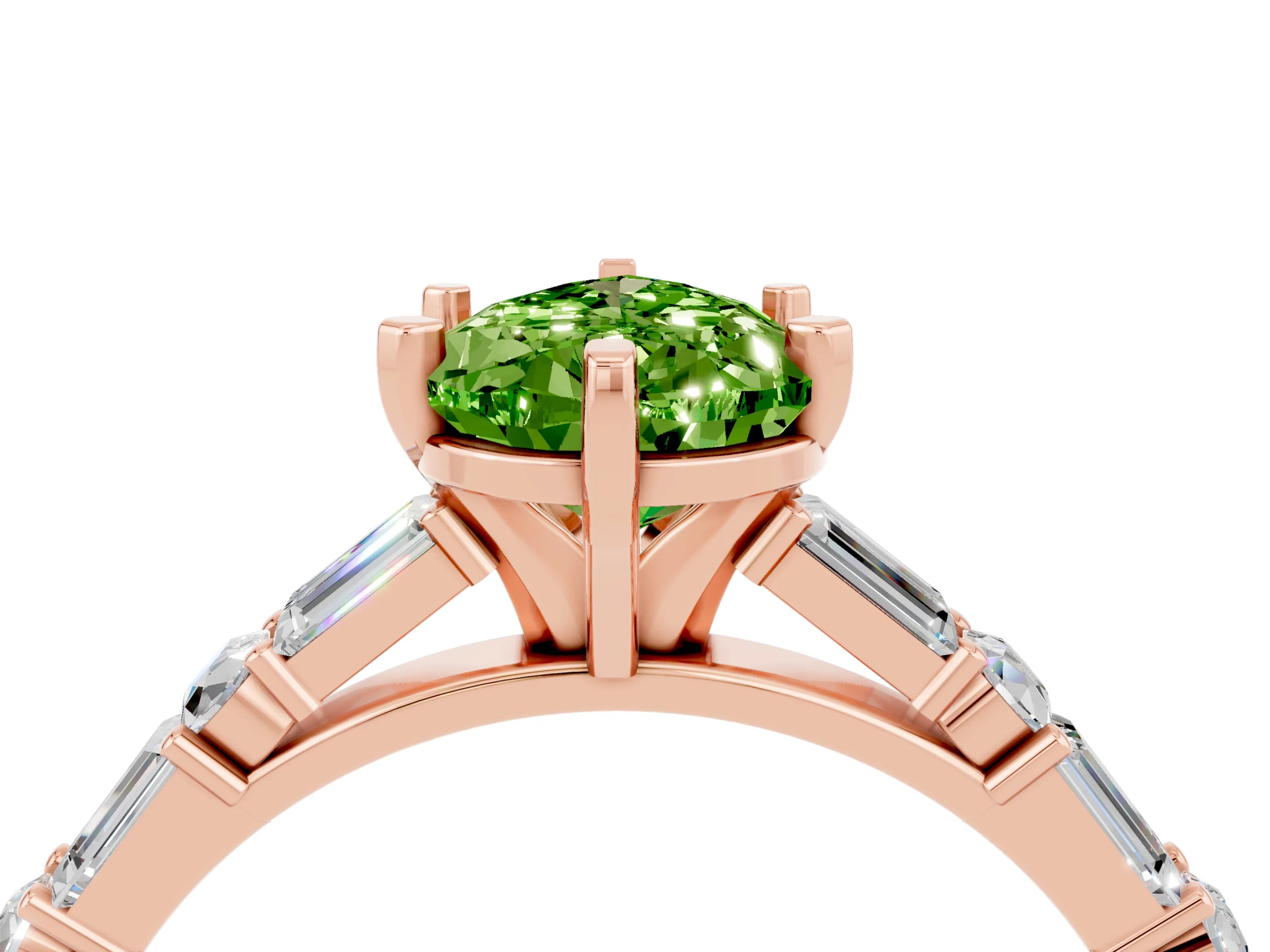 Rose gold Pear Cut Peridot Solitaire with Side Baguettes and Channel Set Band_4