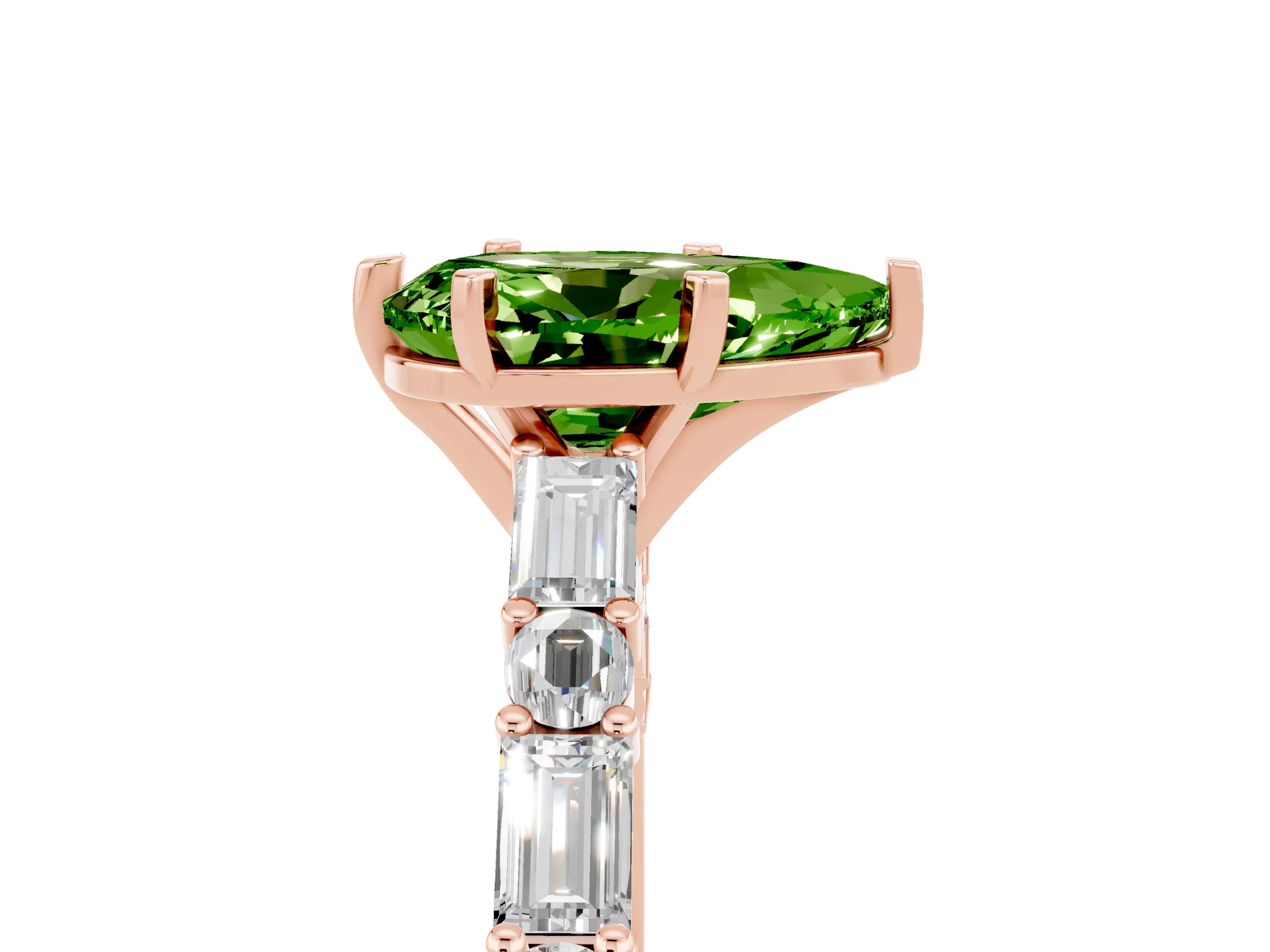 Rose gold Pear Cut Peridot Solitaire with Side Baguettes and Channel Set Band_5