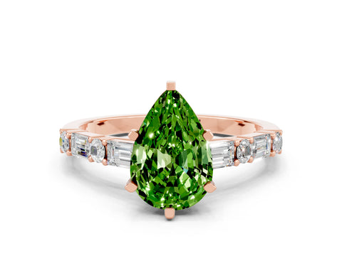 Rose gold Pear Cut Peridot Solitaire with Side Baguettes and Channel Set Band