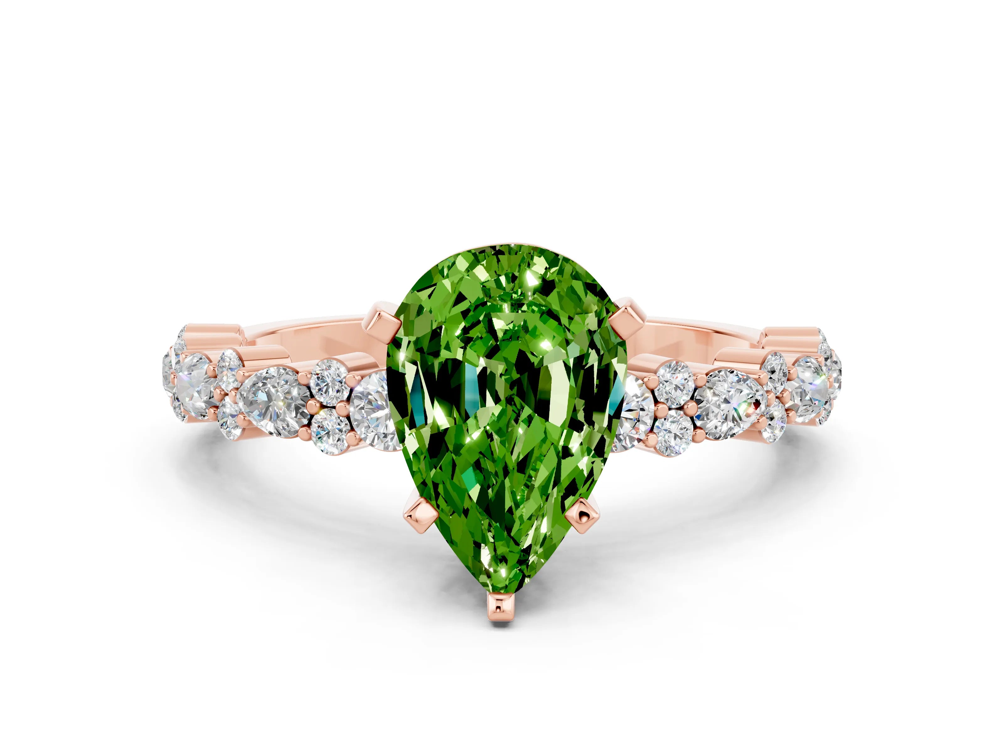 Rose gold Pear Cut Peridot Solitaire with Side Stones, Pave Band, Four-Prong Setting_36