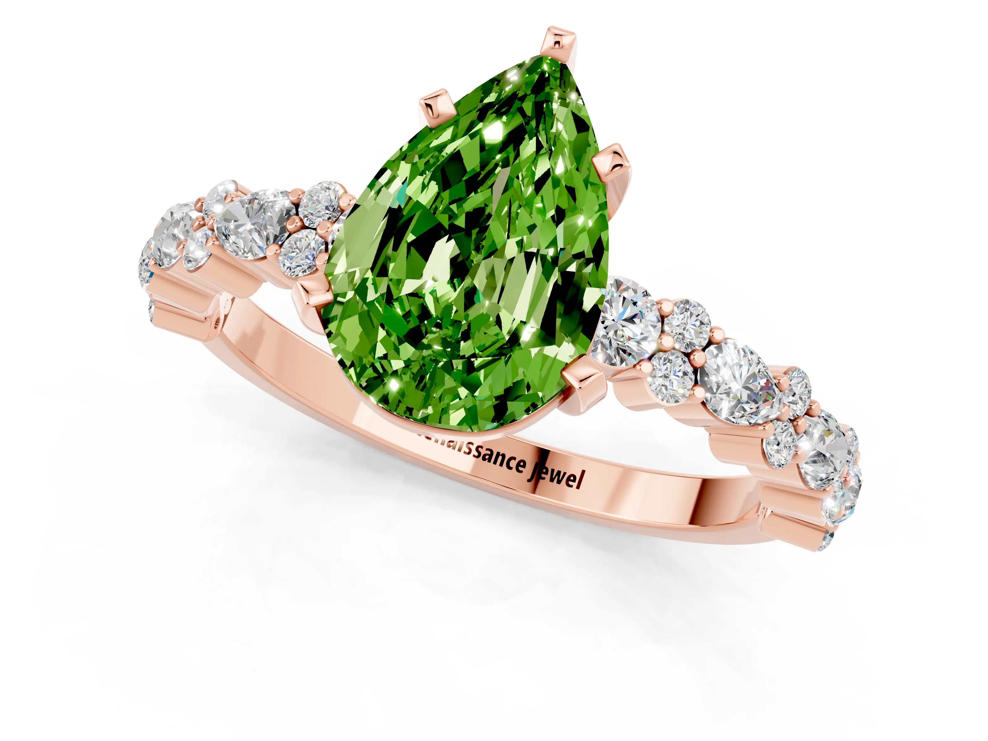 Rose gold Pear Cut Peridot Solitaire with Side Stones, Pave Band, Four-Prong Setting_37