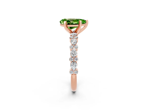 Rose gold Pear Cut Peridot Side Stone Solitaire Ring with Round  and Four-Prong Setting