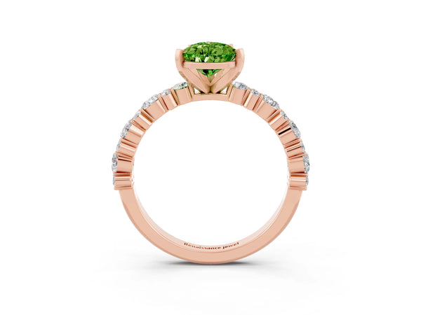 Rose gold Pear Cut Peridot Side Stone Solitaire Ring with Round  and Four-Prong Setting