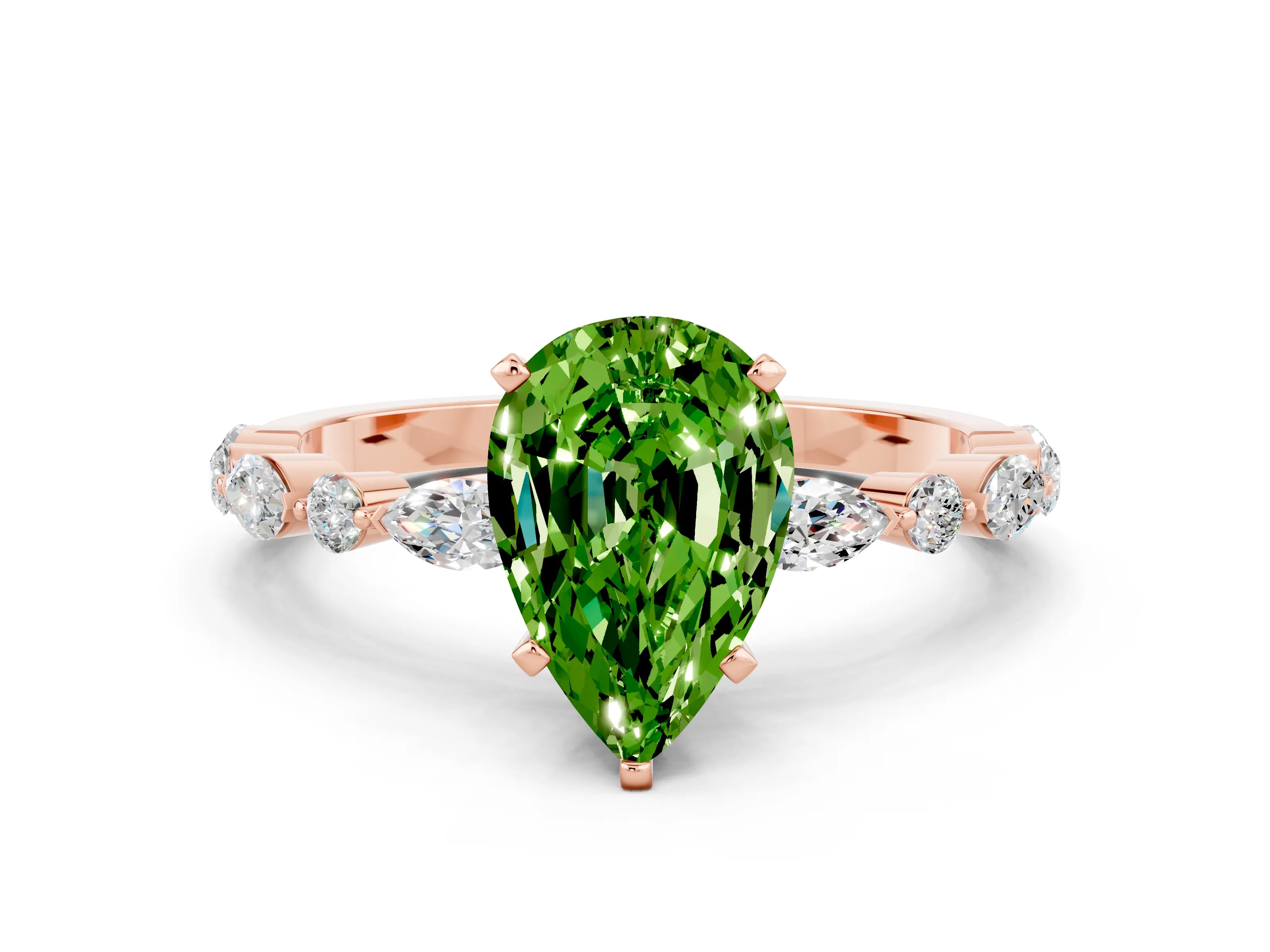 Rose gold Pear Cut Peridot Solitaire with Side Stones on a Pavé Band and Four-Prong Setting