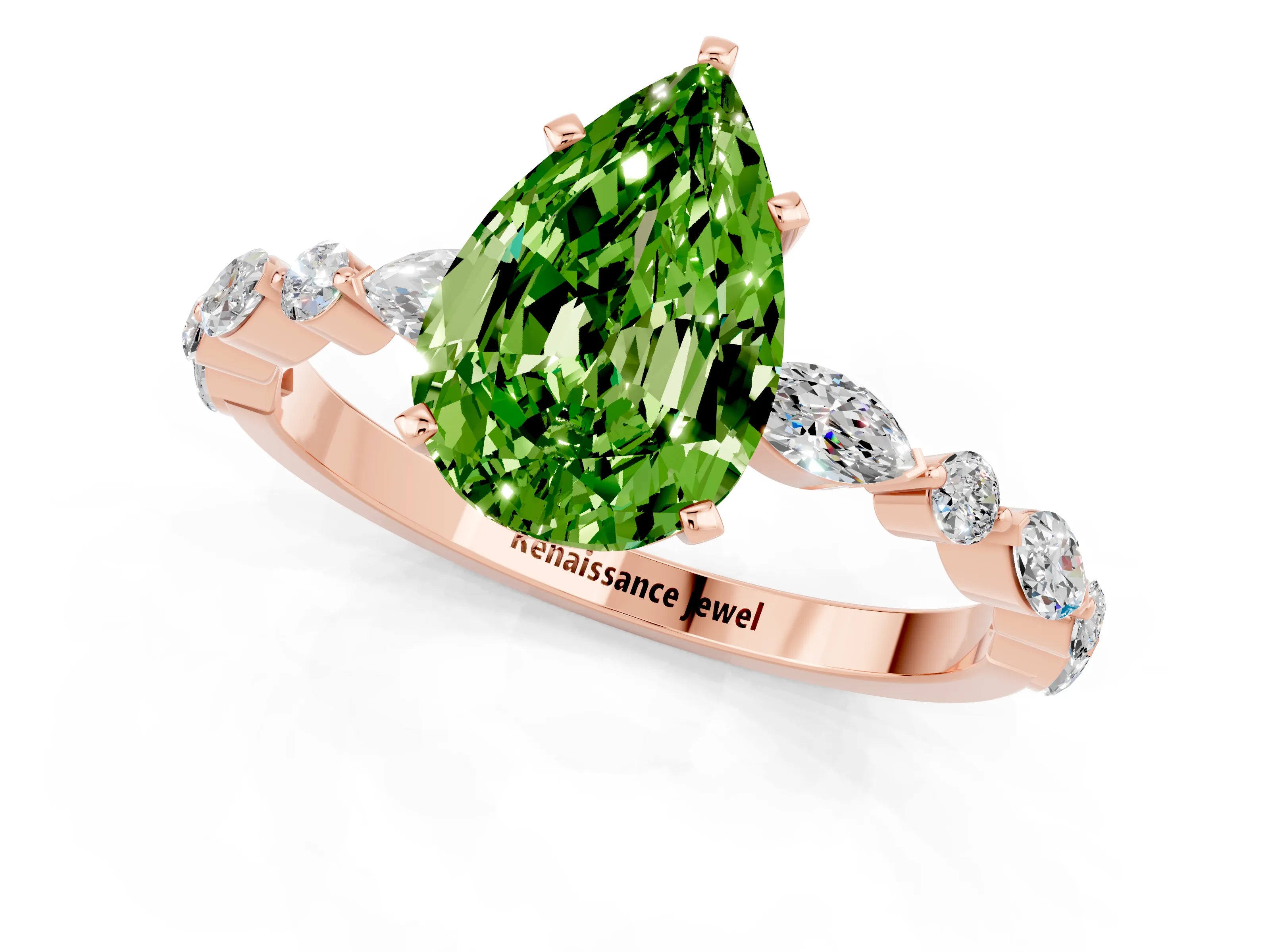Rose gold Pear Cut Peridot Solitaire with Side Stones on a Pavé Band and Four-Prong Setting_1