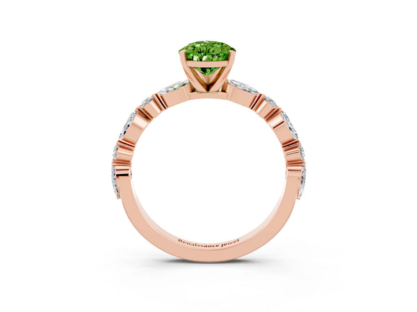 Rose gold Pear Cut Peridot Ring with Marquise and Round  Side Stones and Four-Prong Setting