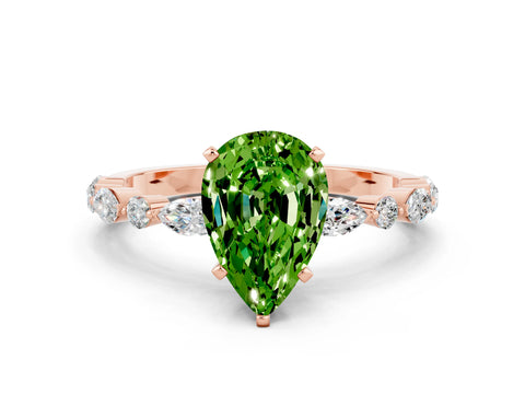 Rose gold Pear Cut Peridot Solitaire with Side Stones on a Pavé Band and Four-Prong Setting