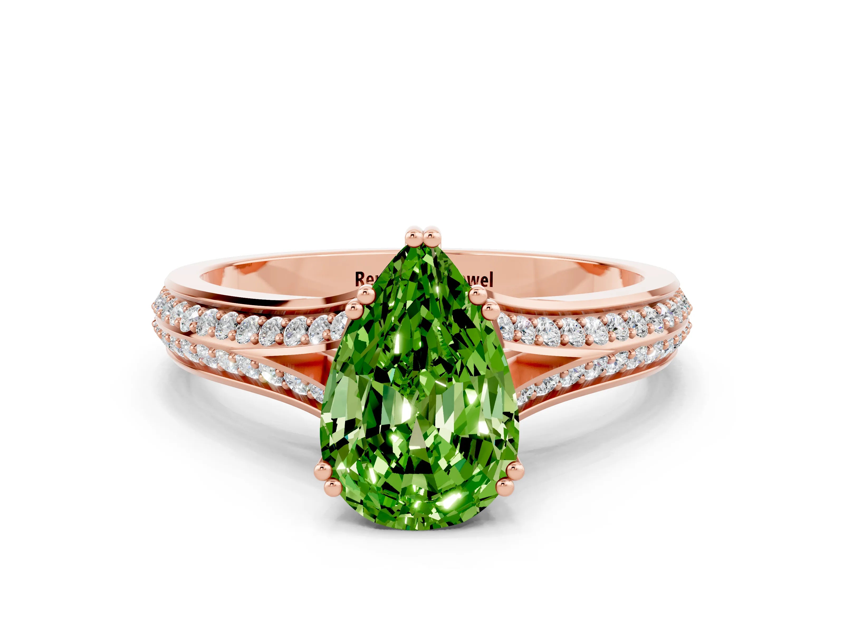 Rose gold Pear Cut Peridot Split Shank Engagement Ring with Pavé Band