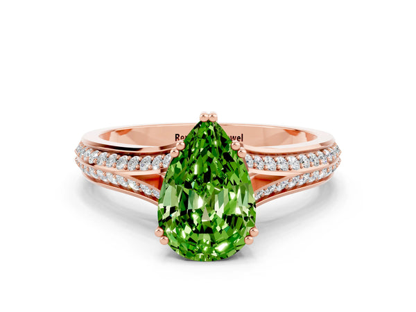Rose gold Pear Cut Peridot Split Shank Engagement Ring with Pavé Band
