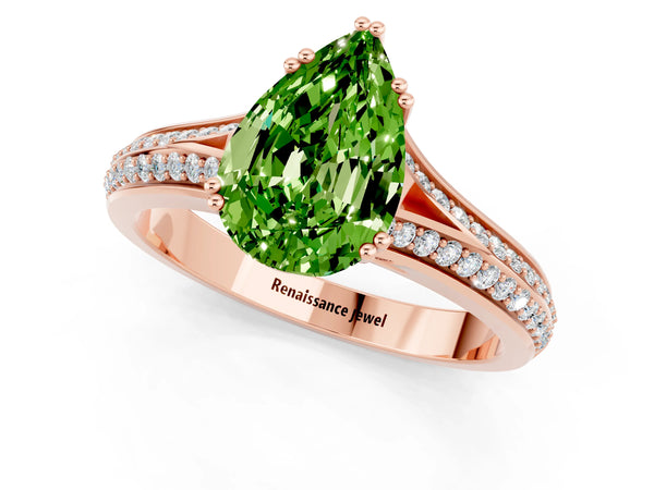 Rose gold Pear Cut Peridot Split Shank Engagement Ring with Pavé Band