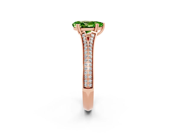Rose gold Pear Cut Peridot Split Shank Engagement Ring with Pavé Band