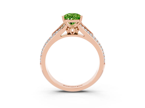 Rose gold Pear Cut Peridot Split Shank Engagement Ring with Pavé Band