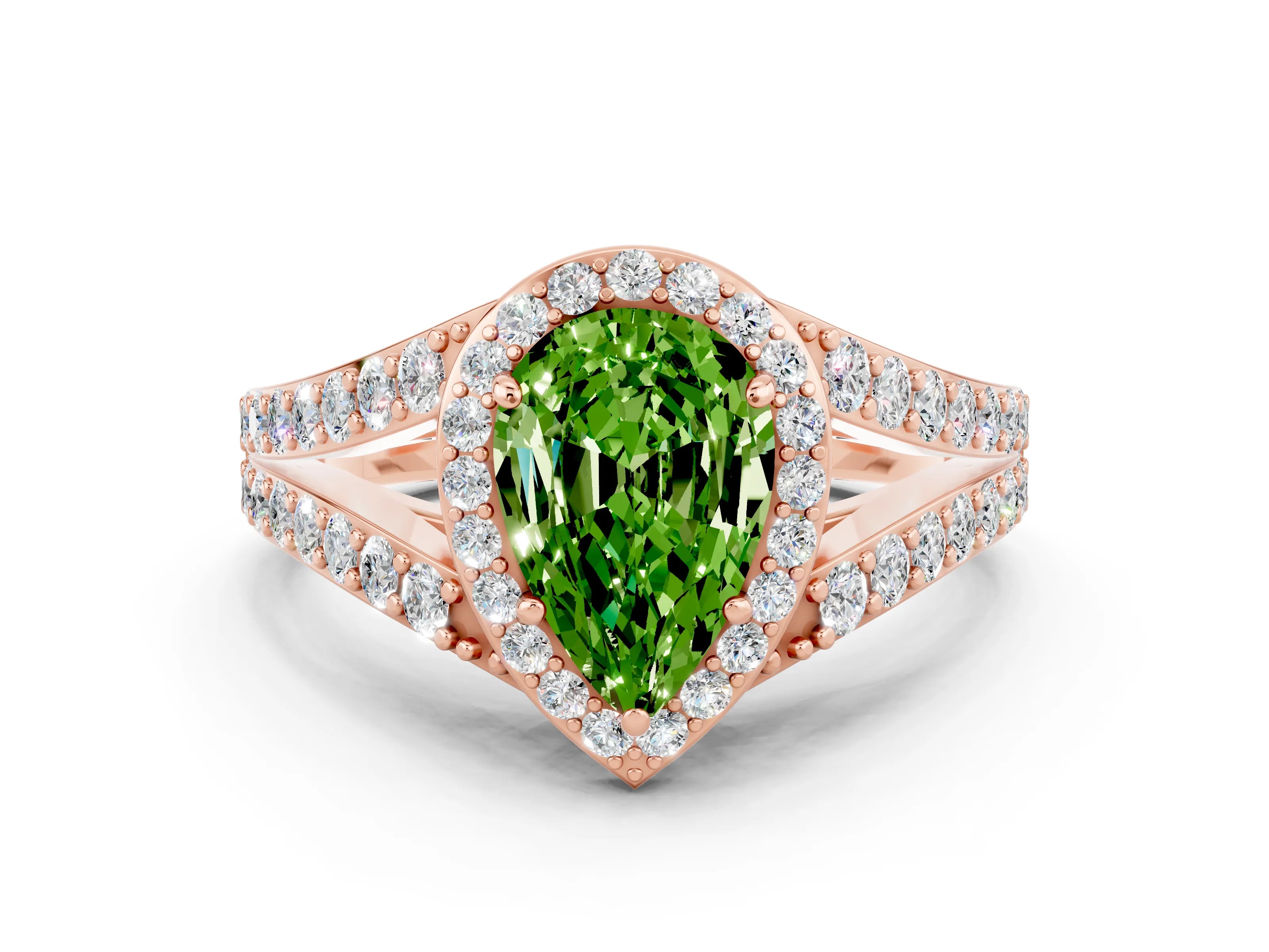 Rose gold Pear Cut Peridot Split Shank Halo Ring with Four-Prong Setting_12
