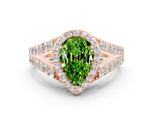 Rose gold Pear Cut Peridot Split Shank Halo Ring with Four-Prong Setting