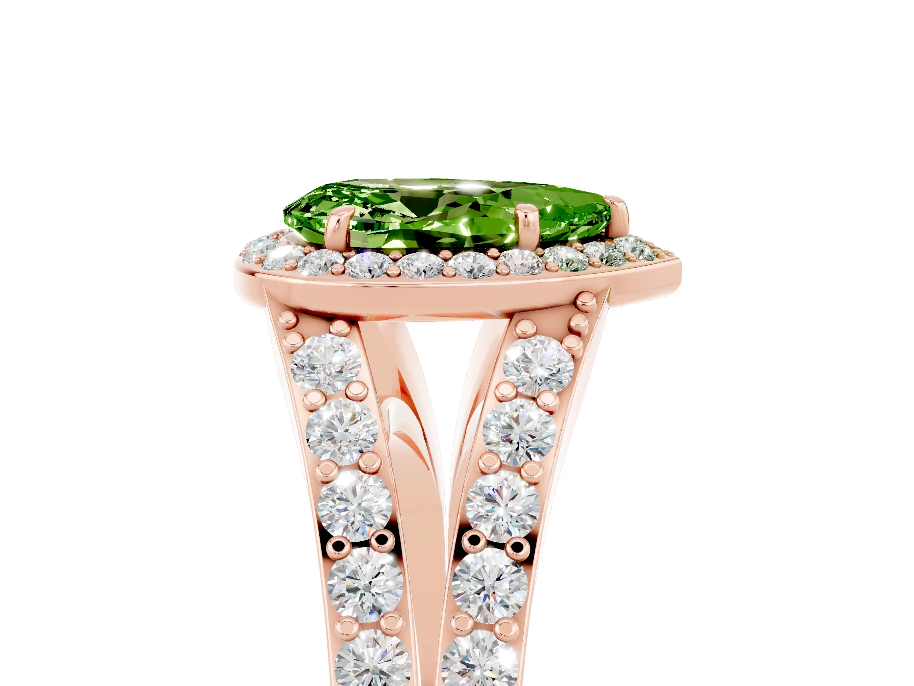 Rose gold Pear Cut Peridot Split Shank Halo Ring with Four-Prong Setting_17