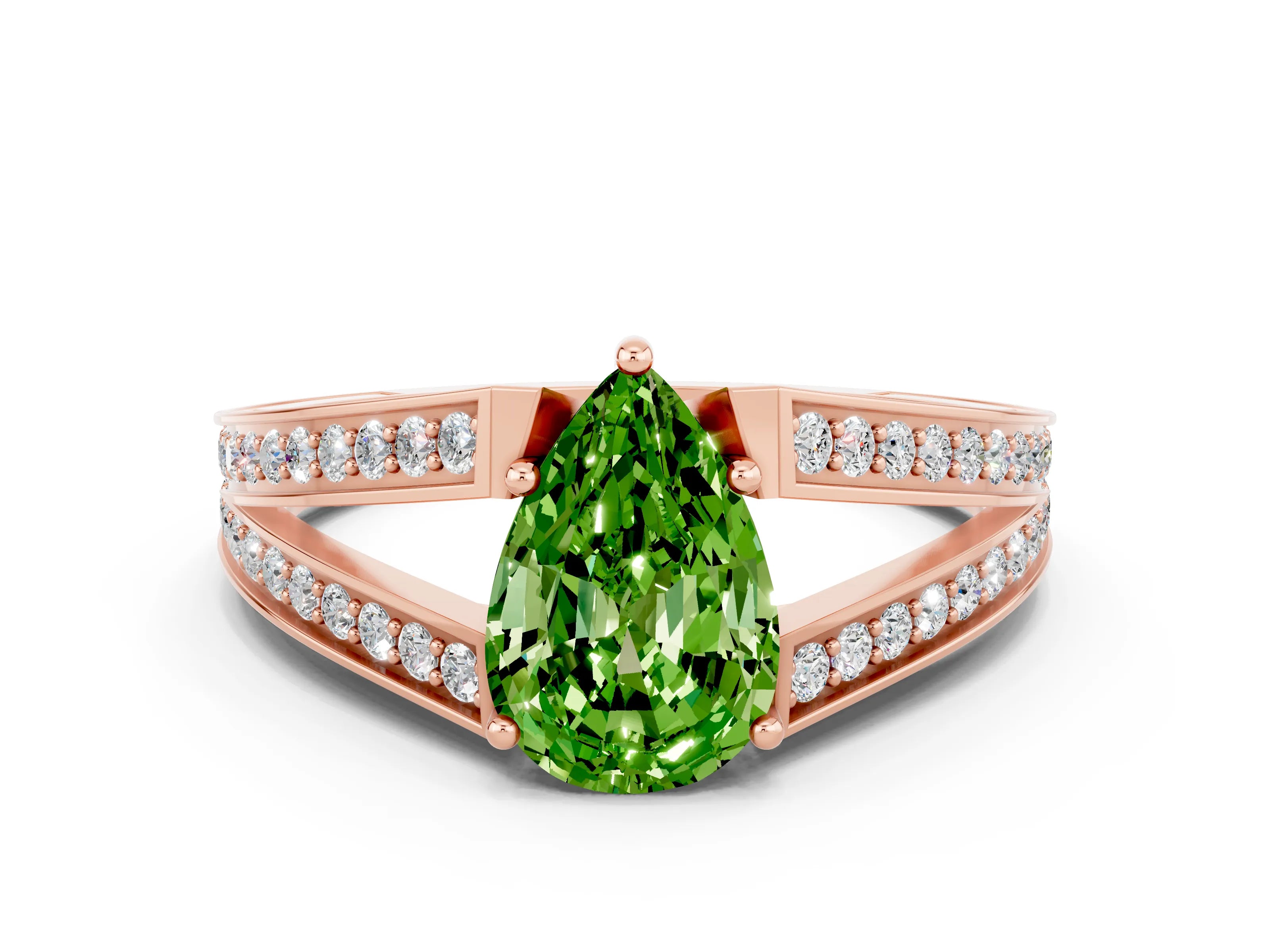 Rose gold Pear Cut Peridot Split Shank Ring with Pavé Band and Four-Prong Setting