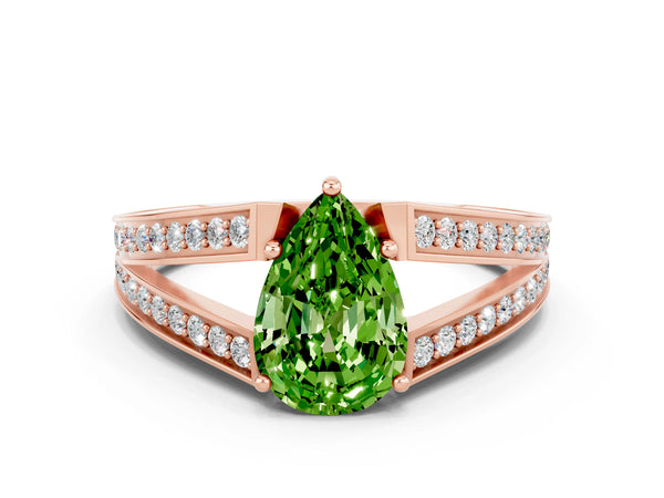 Rose gold Pear Cut Peridot Split Shank Ring with Pavé Band and Four-Prong Setting