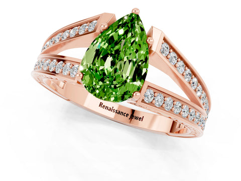 Rose gold Pear Cut Peridot Split Shank Ring with Pavé Band and Four-Prong Setting_1
