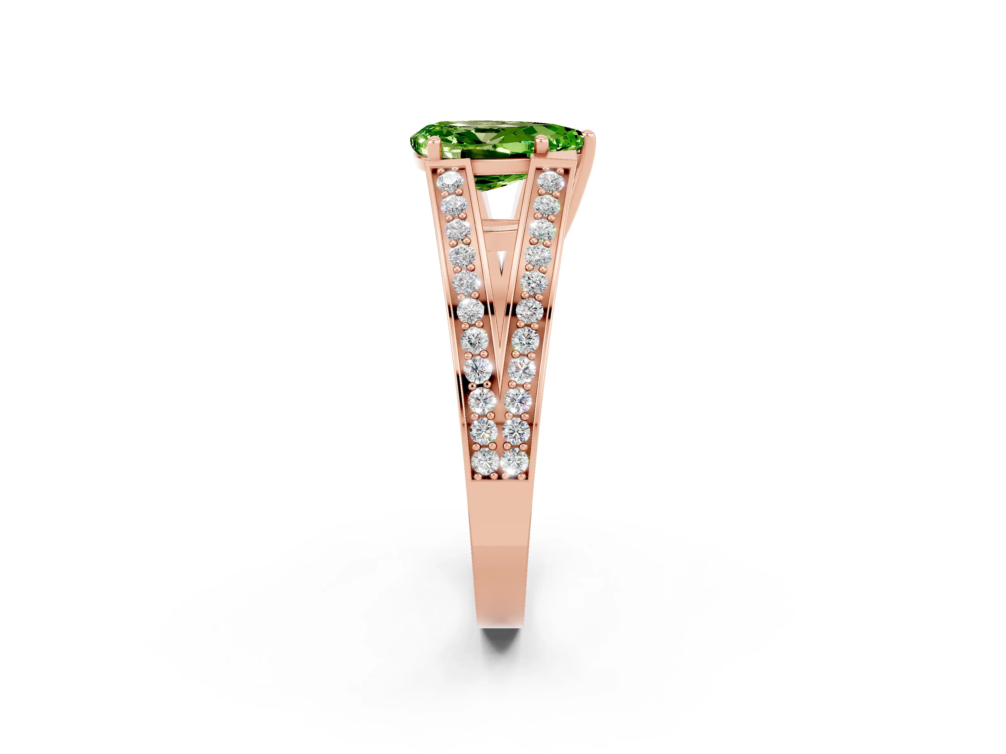 Rose gold Pear Cut Peridot Split Shank Ring with Pavé Band and Four-Prong Setting_2
