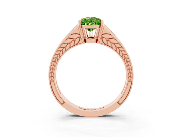 Rose gold Pear Cut Peridot Split Shank Ring with Pavé Band and Four-Prong Setting