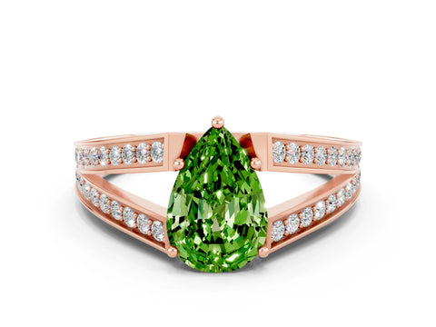 Rose gold Pear Cut Peridot Split Shank Ring with Pavé Band and Four-Prong Setting