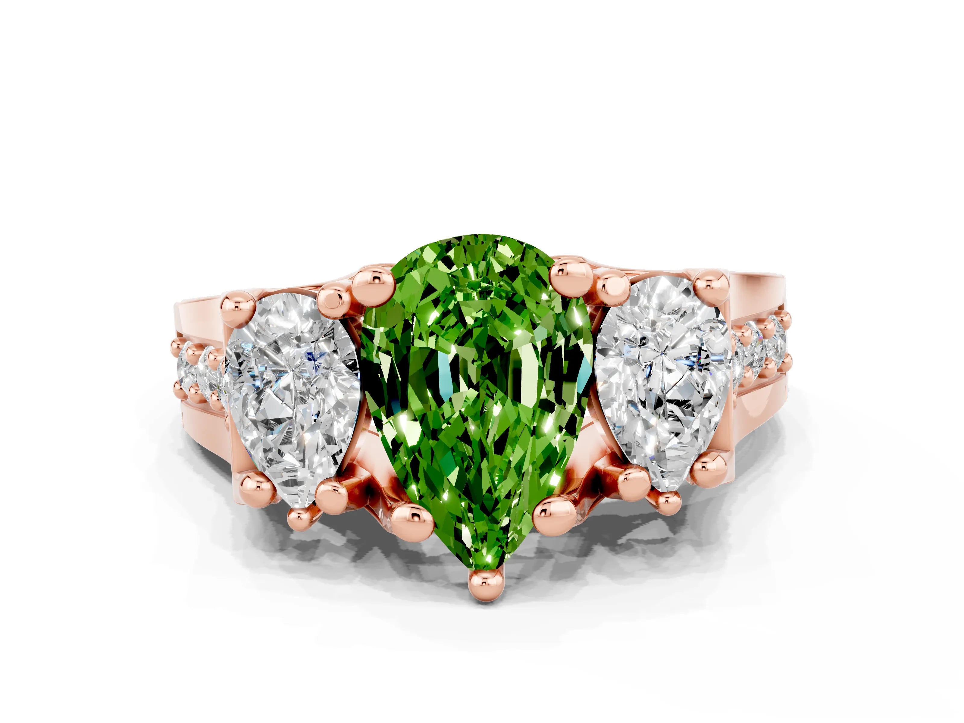 Rose gold Pear Cut Peridot Three-Stone Ring with Channel Set Band and Four-Prong Setting