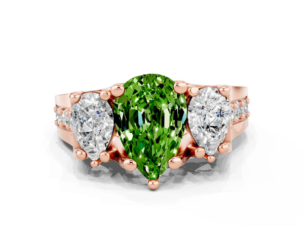 Rose gold Pear Cut Peridot Three-Stone Ring with Channel Set Band and Four-Prong Setting