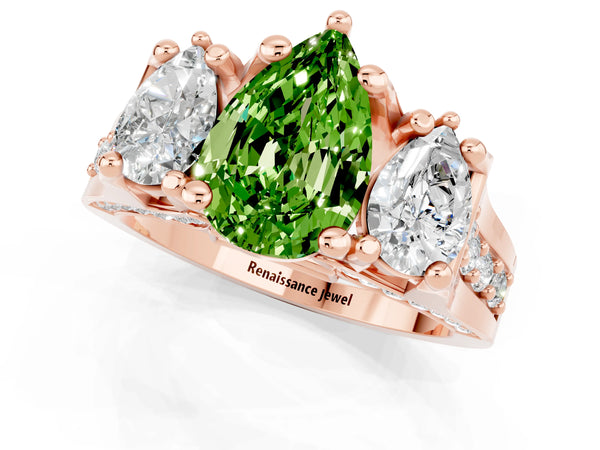 Rose gold Pear Cut Peridot Three-Stone Ring with Channel Set Band and Four-Prong Setting