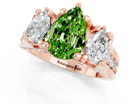 Rose gold Pear Cut Peridot Three-Stone Ring with Channel Set Band and Four-Prong Setting_1