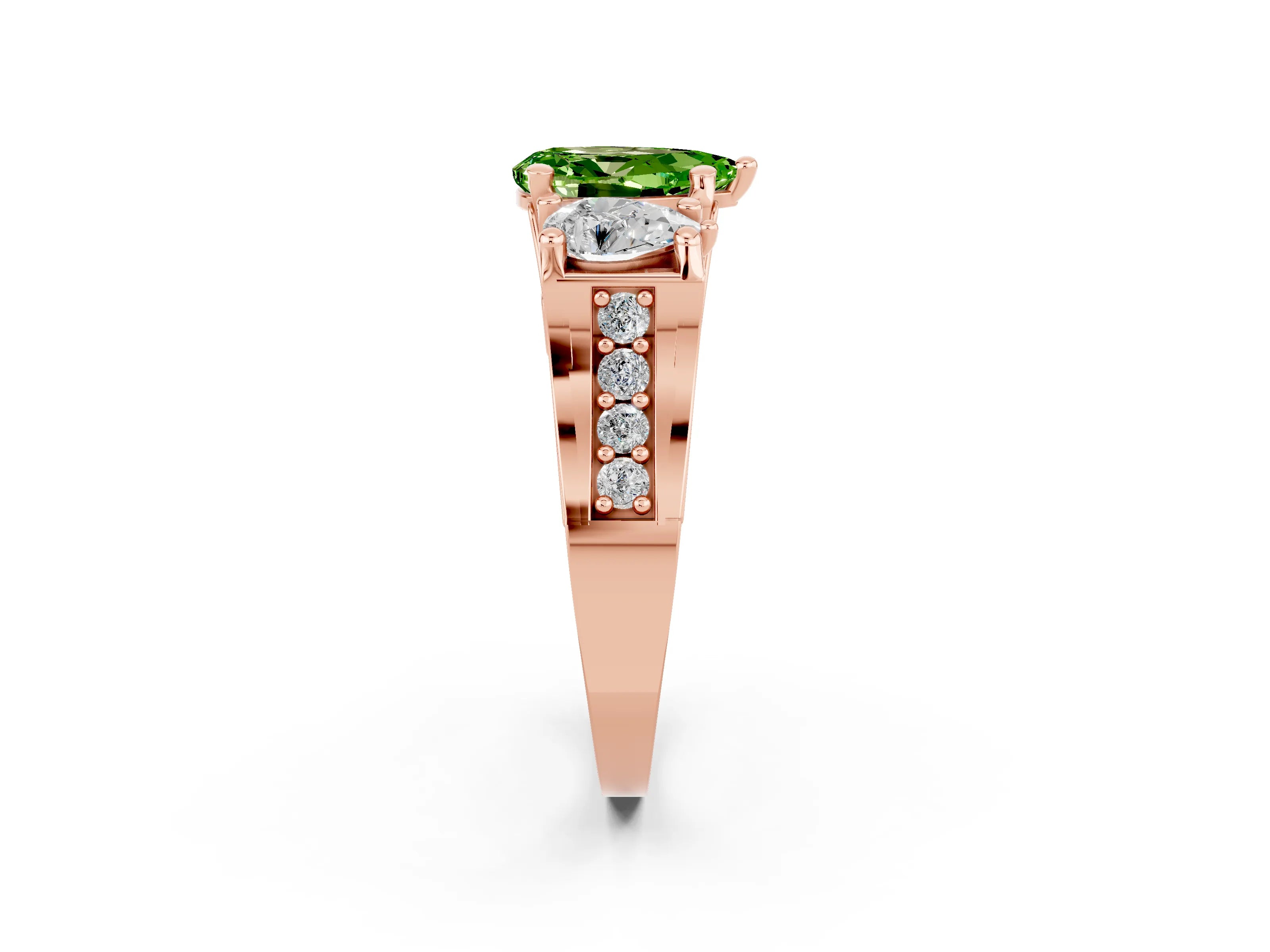 Rose gold Pear Cut Peridot Three-Stone Ring with Channel Set Band and Four-Prong Setting_2