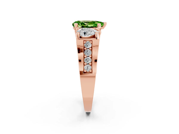 Rose gold Pear Cut Peridot Three-Stone Ring with Channel Set Band and Four-Prong Setting