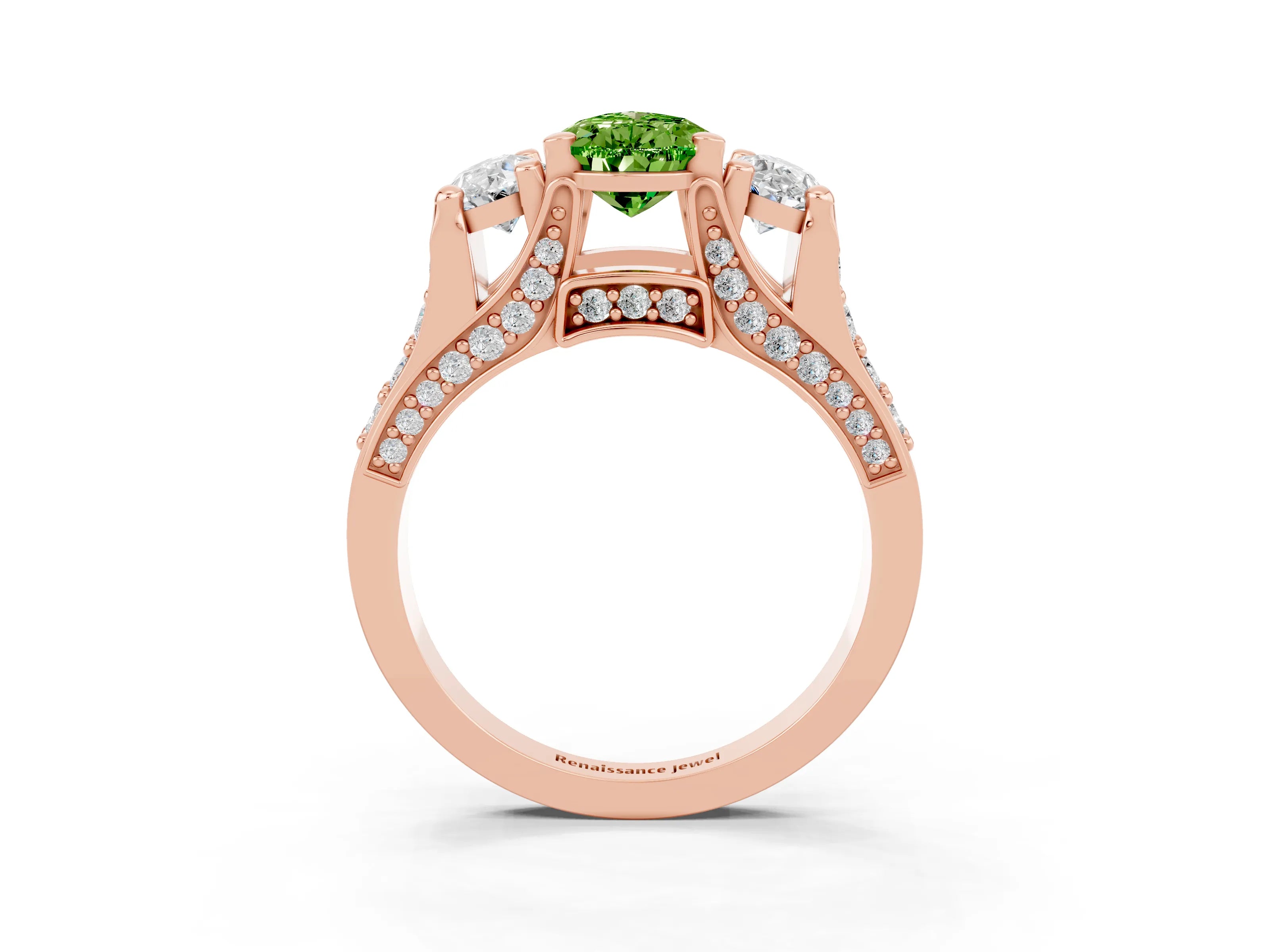Rose gold Pear Cut Peridot Three-Stone Ring with Channel Set Band and Four-Prong Setting_3