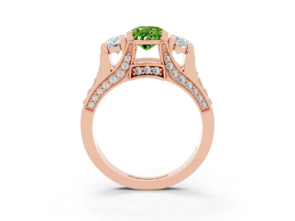 Rose gold Pear Cut Peridot Three-Stone Ring with Channel Set Band and Four-Prong Setting