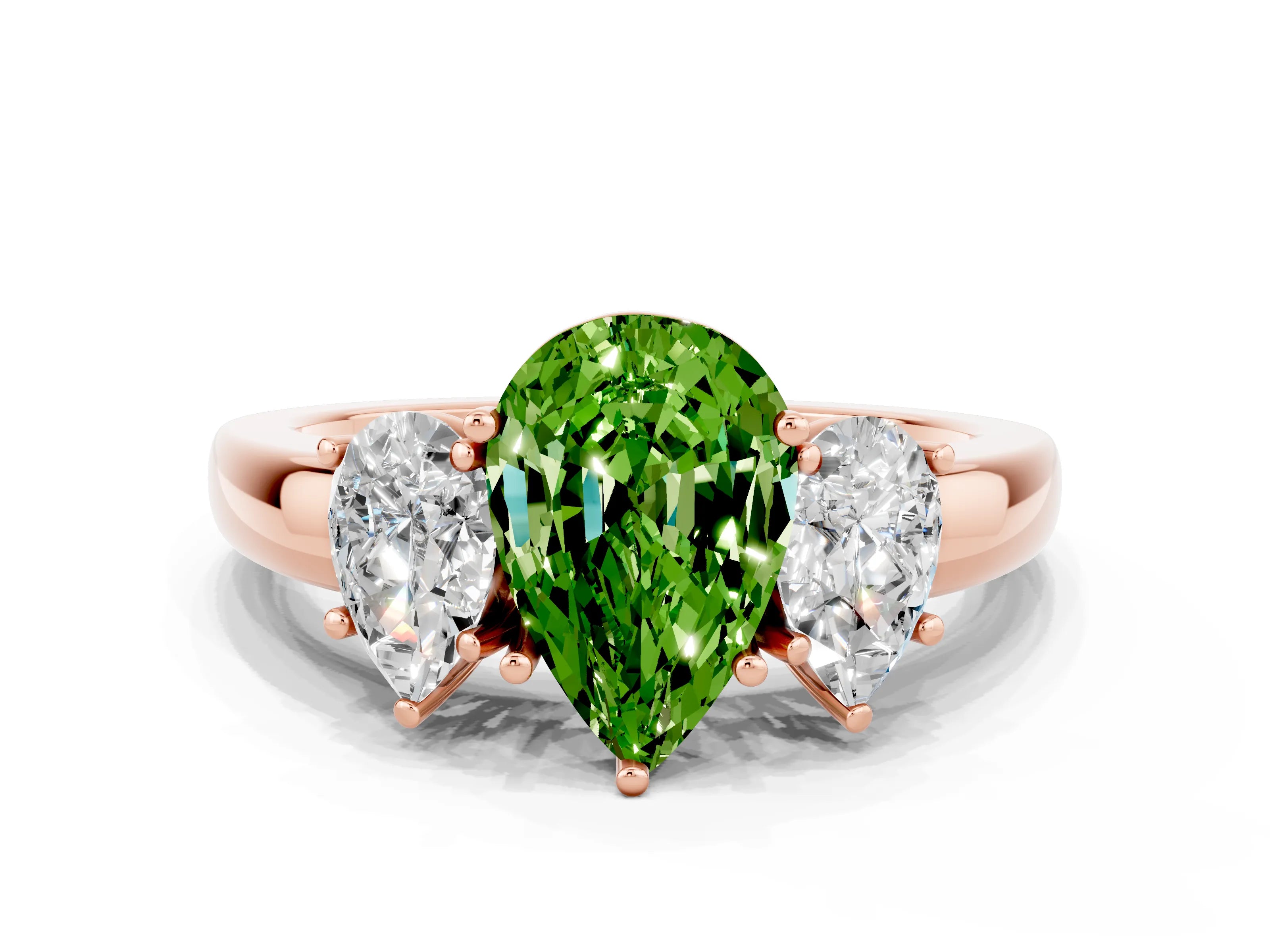 Rose gold Pear Cut Peridot Three-Stone Ring with Four-Prong Setting and Classic Band