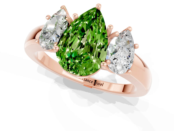 Rose gold Pear Cut Peridot Three-Stone Ring with Four-Prong Setting and Classic Band