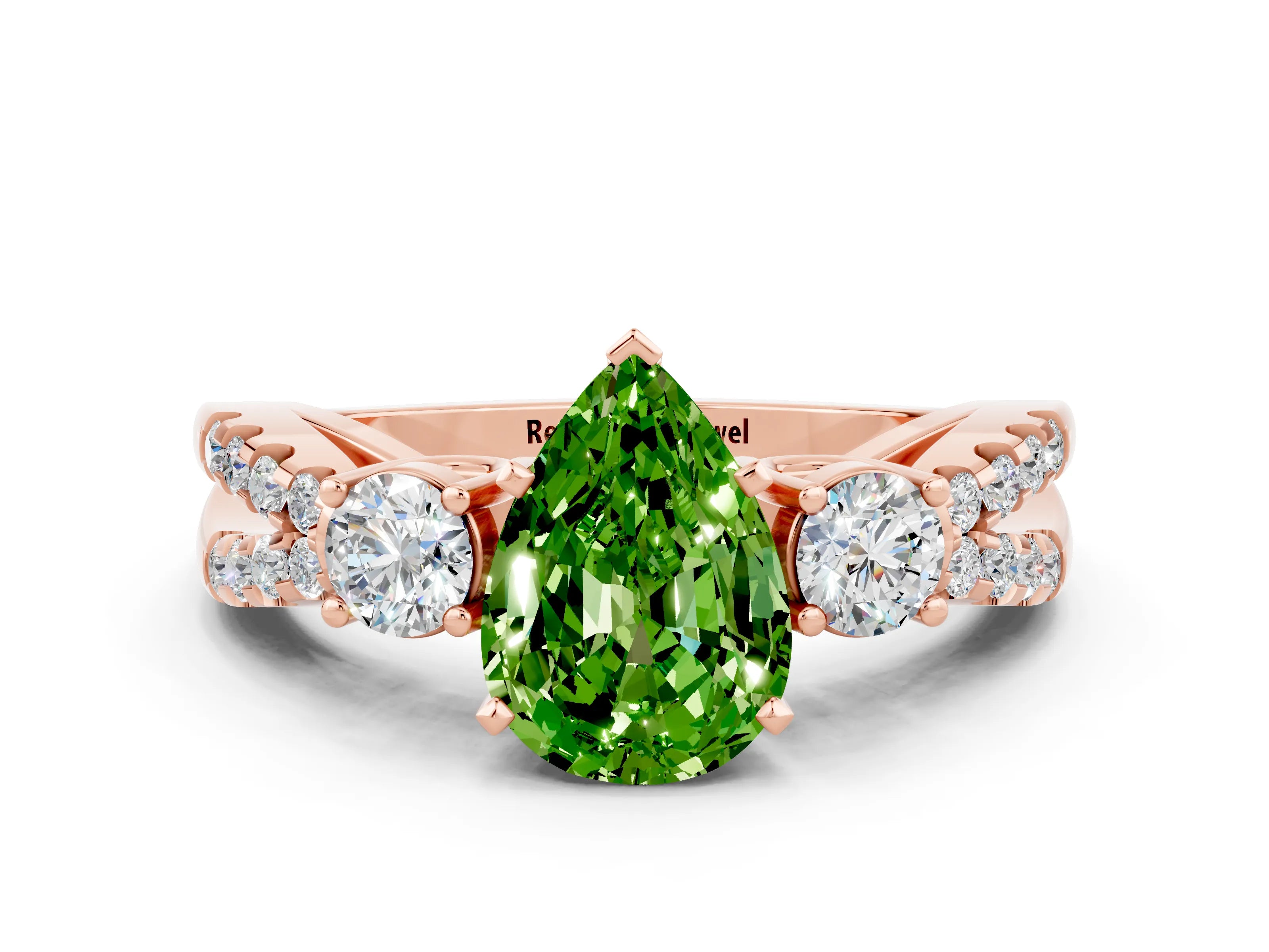 Rose gold Pear Cut Peridot Three-Stone Ring with Pavé Split Shank and Four-Prong Setting_12
