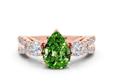 Rose gold Pear Cut Peridot Three-Stone Ring with Pavé Split Shank and Four-Prong Setting_12