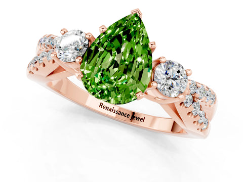 Rose gold Pear Cut Peridot Three-Stone Ring with Pavé Split Shank and Four-Prong Setting_13