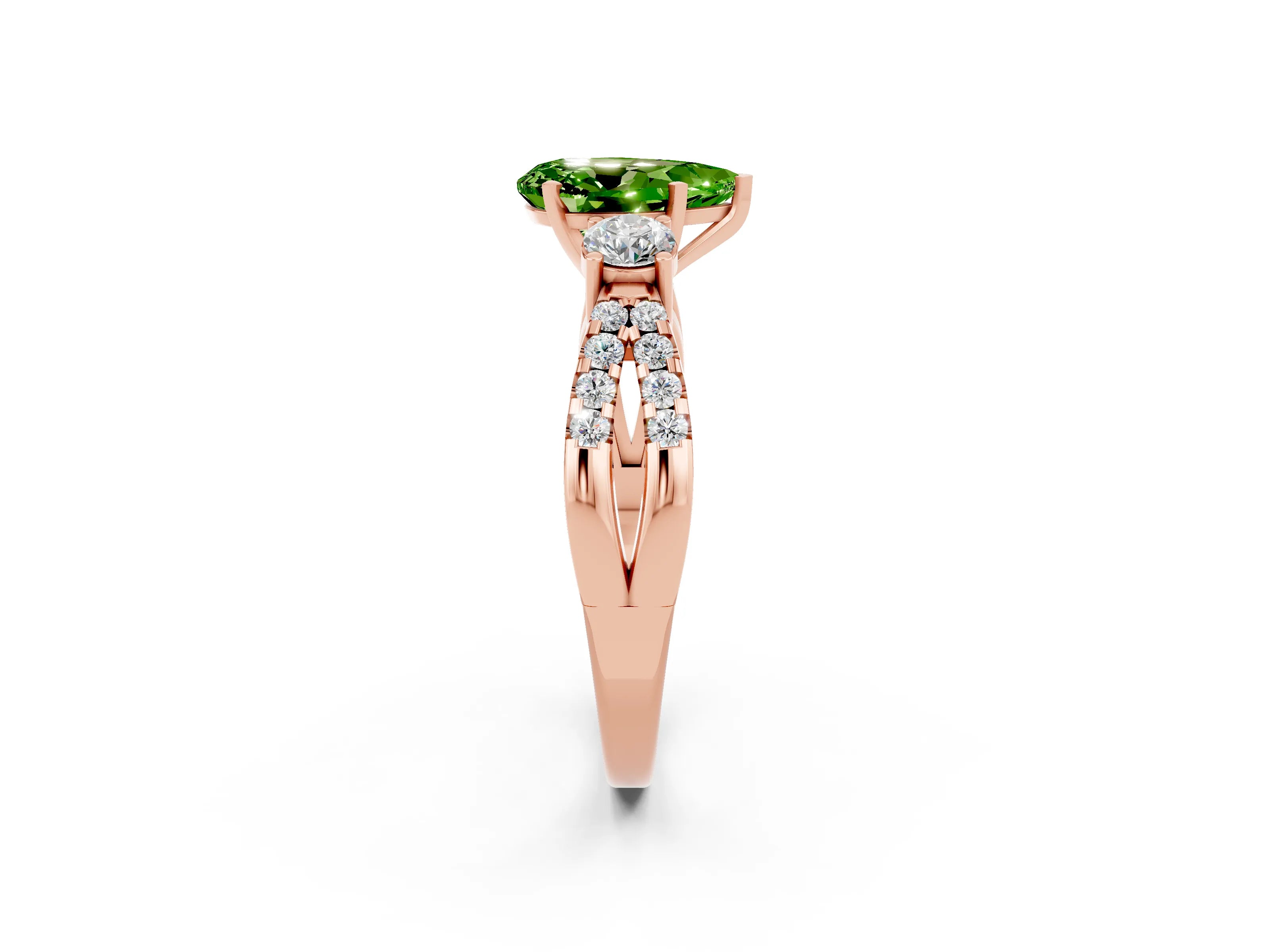 Rose gold Pear Cut Peridot Three-Stone Ring with Pavé Split Shank and Four-Prong Setting_14