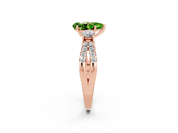Rose gold Pear Cut Peridot Three-Stone Ring with Pavé Split Shank and Four-Prong Setting