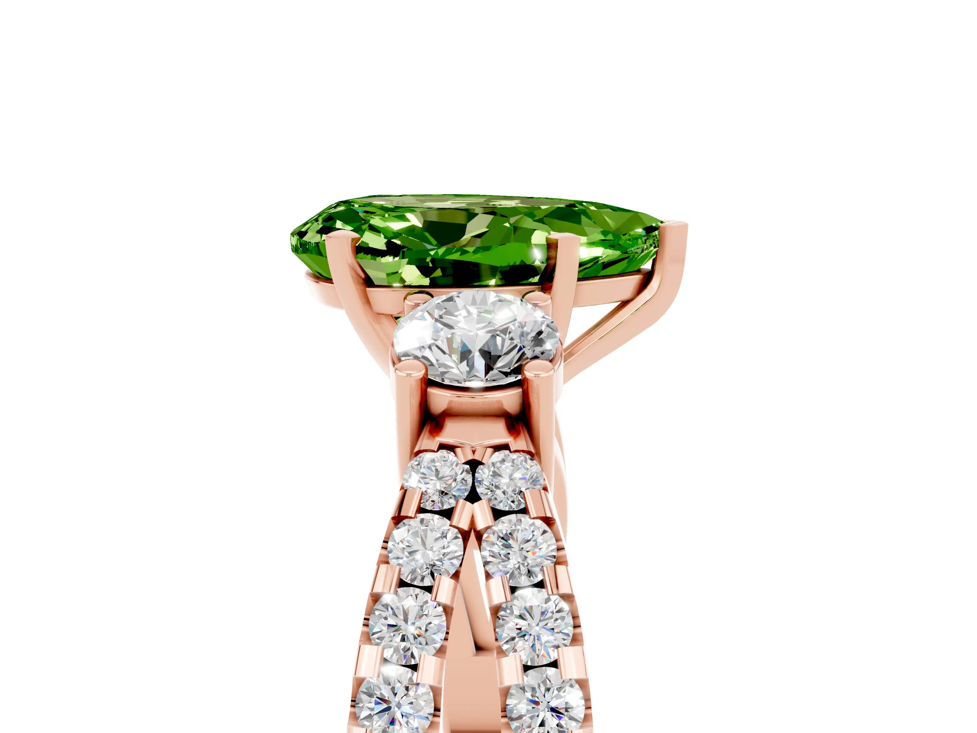 Rose gold Pear Cut Peridot Three-Stone Ring with Pavé Split Shank and Four-Prong Setting_17